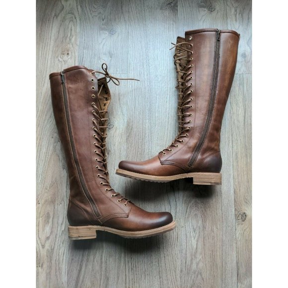 Frye Veronica Tall Lace Up Boots Womens 9.5 B Cognac Brown Knee High Combat - Picture 6 of 10